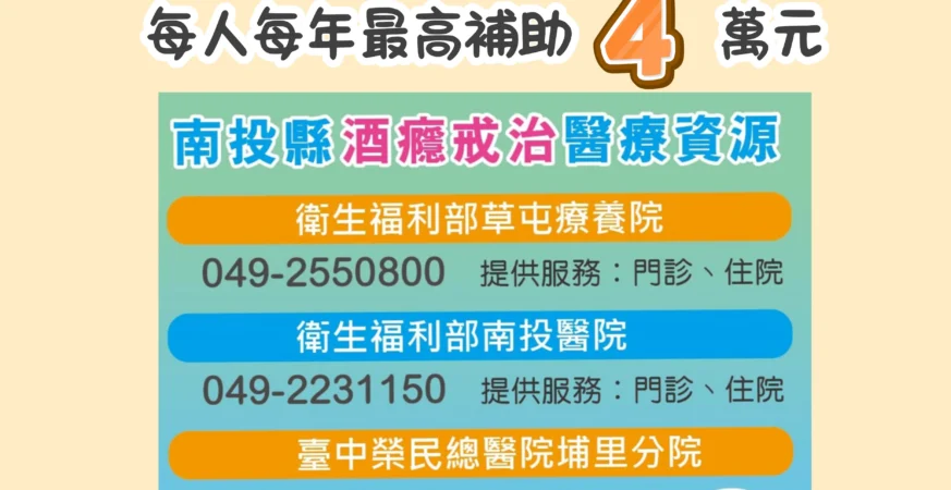 擺脫酒癮不孤單　南投縣補助酒癮治療患者　助其重返健康人生